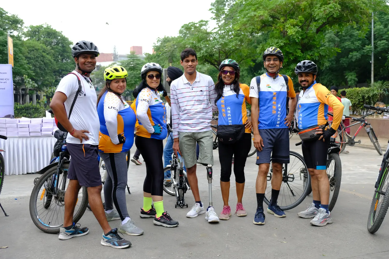 Cyclists gathered together on a city street during a Raahgiri Day